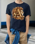 Golden Lion Letter A Graphic Tee Royal Strength Art - model wearing navy tee with hands in pockets