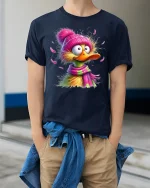Funny Duck Graphic Tee Cute Colorful Cartoon Winter Art - model wearing navy tee with hands in pockets