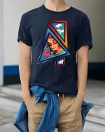 Abstract Smoking Girl Graphic Tee Bold Geometric Pop Art - model wearing navy tee with hands in pockets