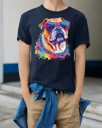 Colorful Bulldog Sunglasses Graphic Tee Cool Pop Art Style - model wearing navy tee with hands in pockets