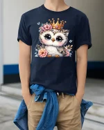 Cute Owl Princess Graphic Tee Adorable Crowned Animal Art - model wearing navy tee with hands in pockets