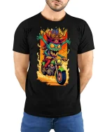 Crazy Goblin Biker Graphic Tee Wild Cartoon Motorcycle Art - model wearing black tee with hands behind back