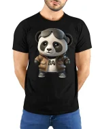 Cool Panda Aviator Graphic Tee Cute Stylish Cartoon Art - model wearing black tee with hands behind back