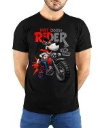 Funny Dog Biker Graphic Tee Best Doggy Rider Cartoon Art - model wearing black tee with hands behind back