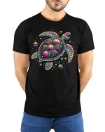 Psychedelic Sea Turtle Graphic Tee Colorful Cosmic Art - model wearing black tee with hands behind back