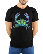Colorful Mandala Crab Graphic Tee Vibrant Ocean Art - model wearing black tee with hands behind back