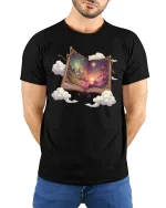 Magical Fantasy Book Graphic Tee Dreamy Story Art - model wearing black tee with hands behind back