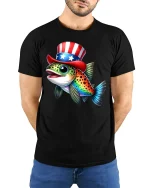 Patriotic Fish Graphic Tee Funny Uncle Sam Style Art - model wearing black tee with hands behind back
