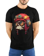 Skull Aviator Helmet Graphic Tee Bold Biker Pilot Art - model wearing black tee with hands behind back