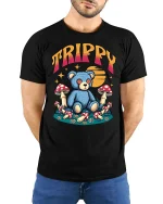 Trippy Teddy Bear Graphic Tee Psychedelic Mushroom Art - model wearing black tee with hands behind back