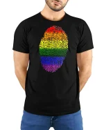 Rainbow Fingerprint Graphic Tee Colorful Identity Art - model wearing black tee with hands behind back