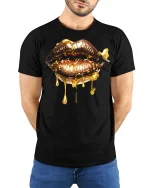 Golden Dripping Lips Graphic Tee Bold Luxury Art Style - model wearing black tee with hands behind back