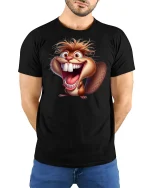 Crazy Laughing Beaver Cartoon Graphic Tee Wild Fun Art - model wearing black tee with hands behind back