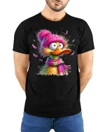 Funny Duck Graphic Tee Cute Colorful Cartoon Winter Art - model wearing black tee with hands behind back