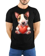 Cute Puppy Love Graphic Tee Adorable Dog Holding Heart Art - model wearing black tee with hands behind back