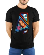 Abstract Smoking Girl Graphic Tee Bold Geometric Pop Art - model wearing black tee with hands behind back