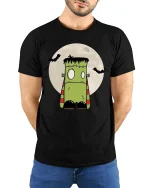 Cute Frankenstein Monster Graphic Tee Funny Spooky Cartoon - model wearing black tee with hands behind back