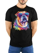 Colorful Bulldog Sunglasses Graphic Tee Cool Pop Art Style - model wearing black tee with hands behind back