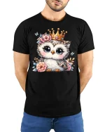 Cute Owl Princess Graphic Tee Adorable Crowned Animal Art - model wearing black tee with hands behind back