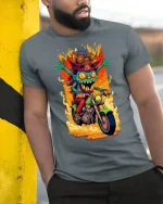 Crazy Goblin Biker Graphic Tee Wild Cartoon Motorcycle Art - model wearing grey tee, leaning on column