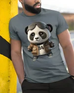 Cool Panda Aviator Graphic Tee Cute Stylish Cartoon Art - model wearing grey tee, leaning on column