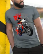 Funny Dog Biker Graphic Tee Best Doggy Rider Cartoon Art - model wearing grey tee, leaning on column
