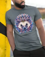 Colorful Mandala Hedgehog Graphic Tee Artistic Animal Art - model wearing grey tee, leaning on column