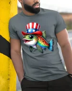 Patriotic Fish Graphic Tee Funny Uncle Sam Style Art - model wearing grey tee, leaning on column