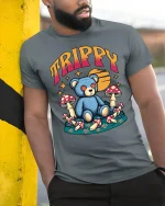 Trippy Teddy Bear Graphic Tee Psychedelic Mushroom Art - model wearing grey tee, leaning on column