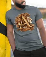Golden Lion Letter A Graphic Tee Royal Strength Art - model wearing grey tee, leaning on column