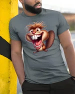 Crazy Laughing Beaver Cartoon Graphic Tee Wild Fun Art - model wearing grey tee, leaning on column