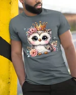 Cute Owl Princess Graphic Tee Adorable Crowned Animal Art - model wearing grey tee, leaning on column