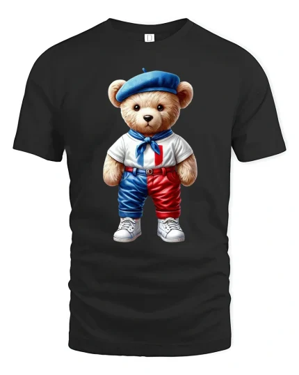 Cute French Teddy Bear Graphic Tee Paris Style Art - black t-shirt on white background