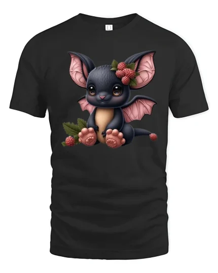 Cute Baby Bat With Berries Adorable Cartoon Illustration Tee - black t-shirt on white background