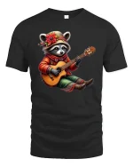 Cute Raccoon Playing Guitar Whimsical Folk Music Cartoon Tee - black t-shirt on white background