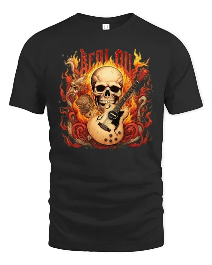 Be Loud Flaming Skull Guitar Heavy Rock Music Graphic Tee - black t-shirt on white background