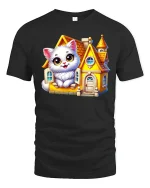 Cute White Cat Cozy Cottage Fairy Tale Cartoon Graphic Tee - black t-shirt on white background