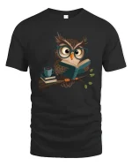 Cute Reading Owl With Glasses Book Lover Graphic Tee - black t-shirt on white background