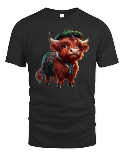 Cute Highland Cow Wearing Tartan Outfit Illustration Tee - black t-shirt on white background
