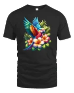Colorful Tropical Parrot With Flowers Vibrant Art Tee - black t-shirt on white background