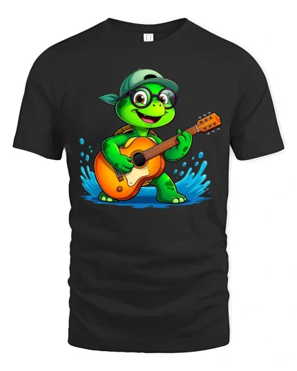 Cute Guitar Playing Turtle Cartoon Graphic Tee Music Fun - black t-shirt on white background