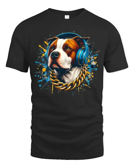 Cool DJ Dog With Headphones Street Art Graphic Tee - black t-shirt on white background