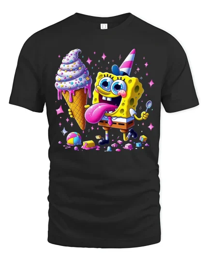 Funny Cartoon Sponge Ice Cream Party Graphic Tee Shirt - black t-shirt on white background