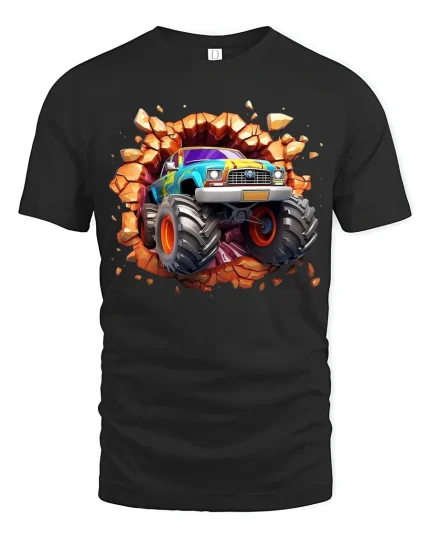 Monster Truck Smash Through Rocks Power Graphic Tee Shirt - black t-shirt on white background