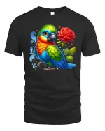 Colorful Parrot With Rose Cartoon Graphic Tee Bright Art - black t-shirt on white background
