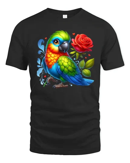 Colorful Parrot With Rose Cartoon Graphic Tee Bright Art - black t-shirt on white background