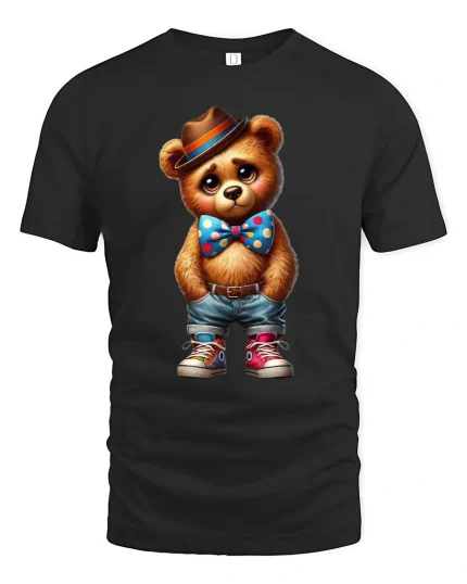 Cute Teddy Bear With Hat And Bow Tie Cartoon Graphic Tee - black t-shirt on white background