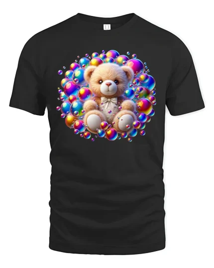 Cute Teddy Bear Surrounded By Colorful Bubble Art Graphic Tee - black t-shirt on white background