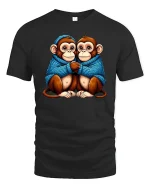Cute Twin Monkeys Hugging In Cozy Blue Sweater Graphic Tee - black t-shirt on white background