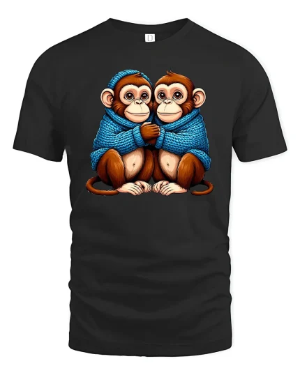Cute Twin Monkeys Hugging In Cozy Blue Sweater Graphic Tee - black t-shirt on white background